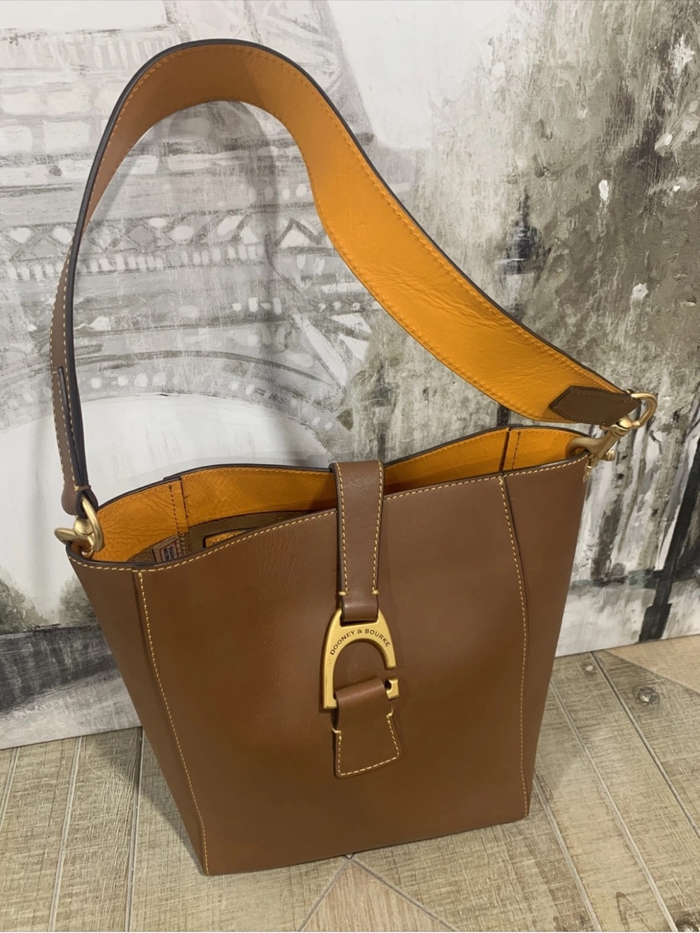 Leather Bucket Shoulder Bag in Brown with Gold Accent - Picture 2 of 16